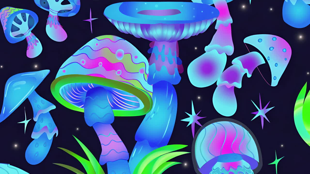 Vibrant Glowing Psychedelic Mushrooms on Dark Background