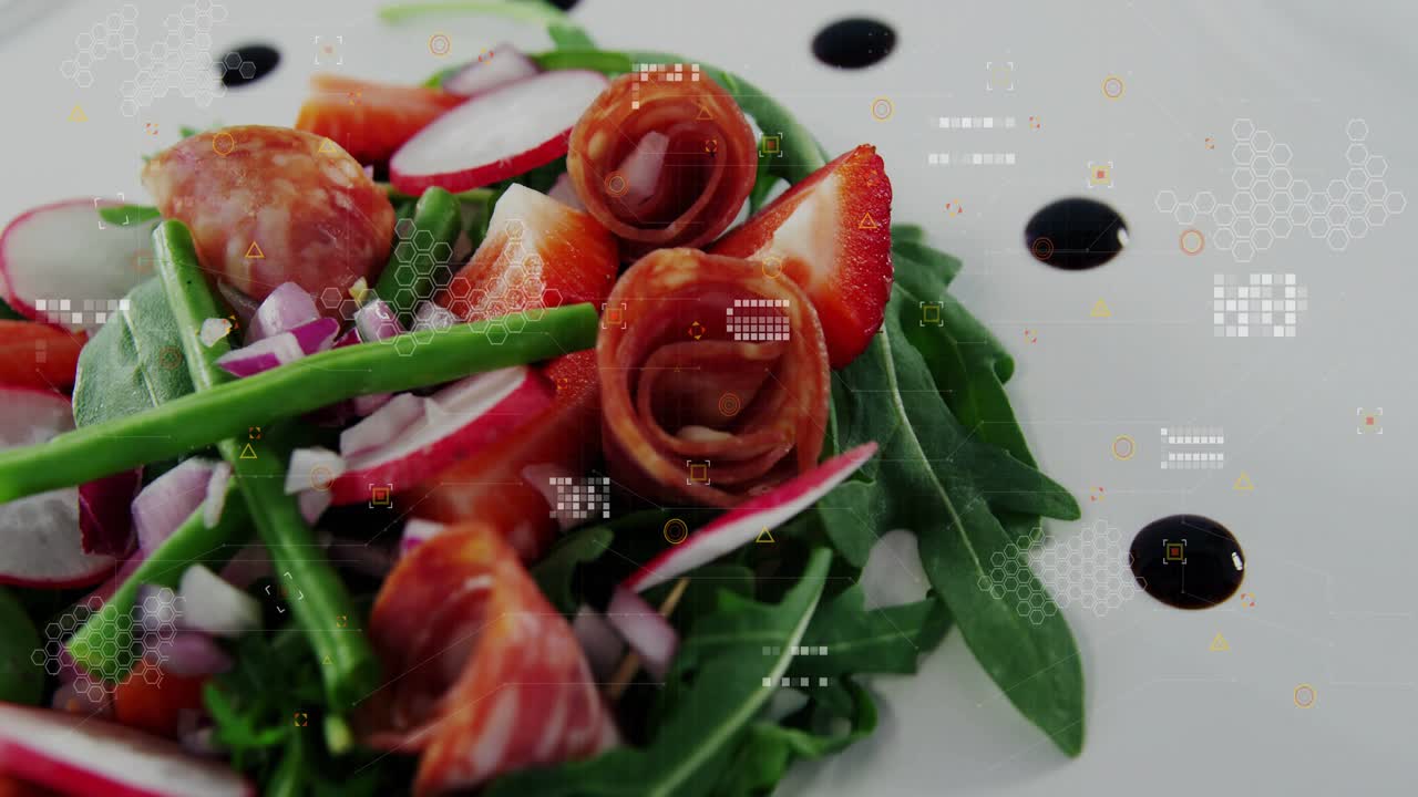 Camera shifting slowly, salad still, HUD overlays fading and traveling, accenting balsamic drops