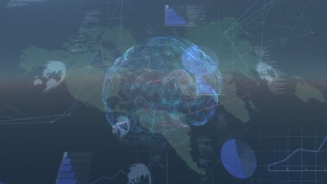 animation of brain rotating over world map over sunset