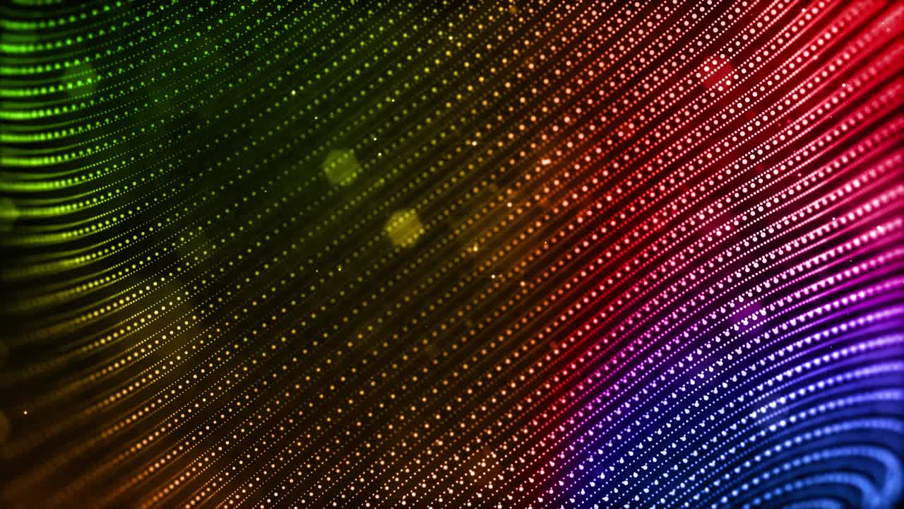 4k looped sci-fi background with bokeh and light effects. Glow gradient color particles form lines, surfaces, string structures as virtual space or hologram for HUD screen. 8