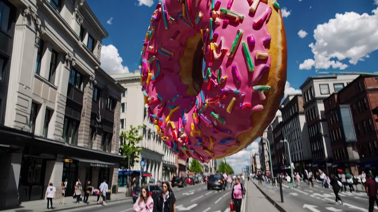 Pink donut with sprinkles floats above a city street, creating a surreal and whimsical scene against a backdrop of buildings and cloudy blue sky
