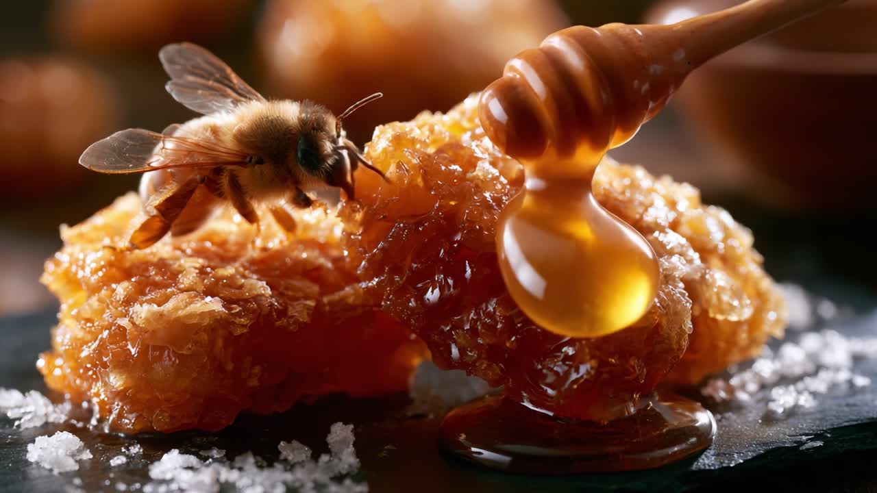 Un primo piano di un'ape con favo, che evidenzia la dolcezza del miele che cola da un cucchiaio e cristalli di zucchero naturali che accentuano la scena.