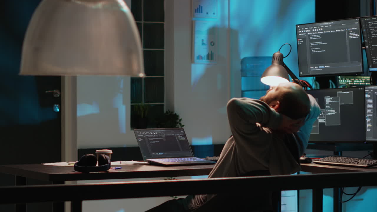 Programmer coding at a computer with multiple monitors
