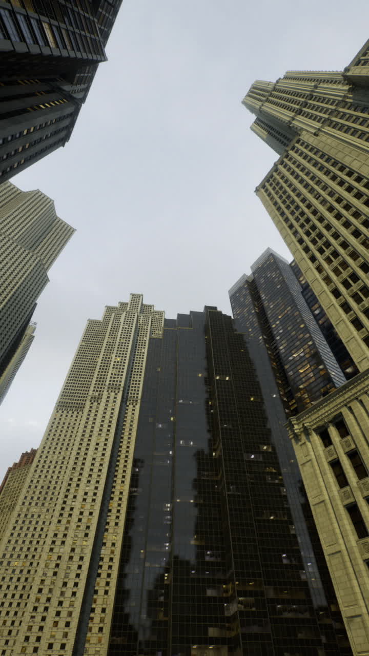 Paisagem urbana com prédios altos de vidro e superfícies reflexivas