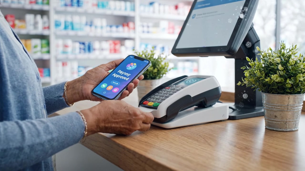 A customer completes a mobile payment transaction at a pharmacy counter using a digital device alongside a card reader and receipt printer for a seamless purchase experience.