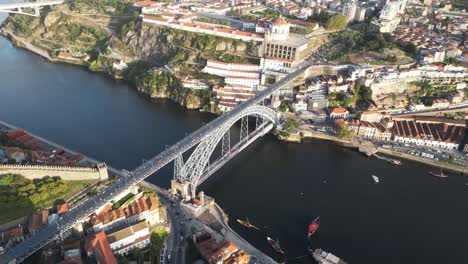 drone shot of bridge in porto portugal