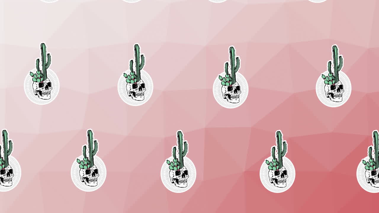 composición de filas de cactus con cráneos que se mueven sobre un fondo rosa