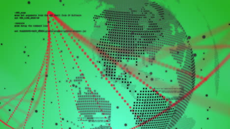animación de la cadena de adn sobre el globo y procesamiento de datos en fondo verde