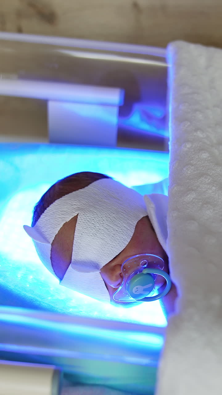 Caucasian baby with protective bandage on eyes lies in a hospital crib. Infant having a phototherapy from jaundice. Vertical video