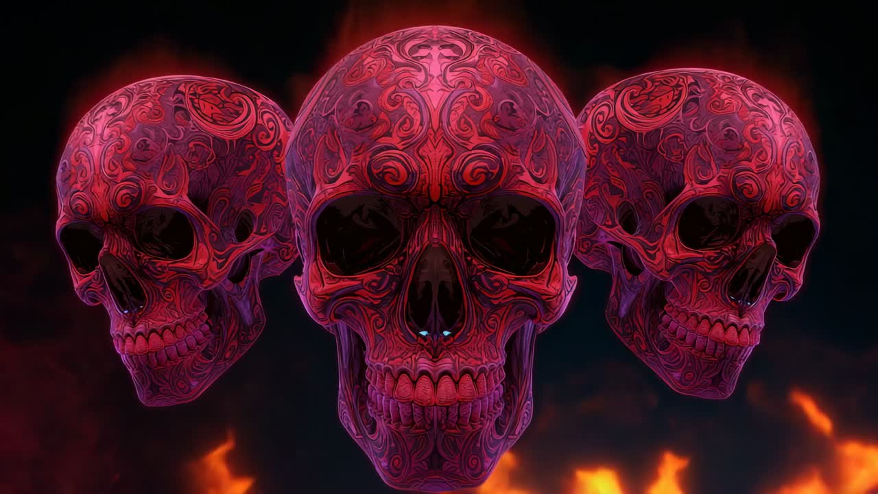 Flames emerging under floating three red skulls in black void, lighting swirls to make hellish mood