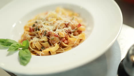 pasta with tomato sauce and parmesan. italian pasta with sauce and parmesan cheese, served on a white plate