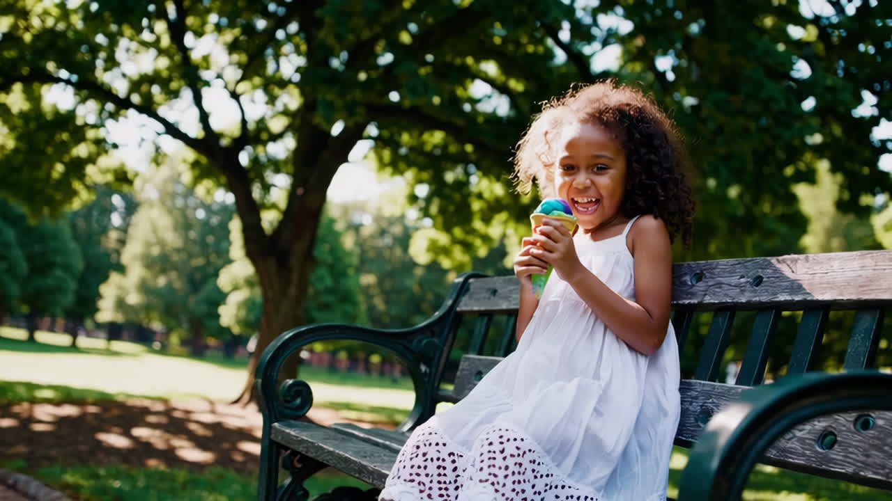 A happy young girl enjoying colorful ice cream in a park