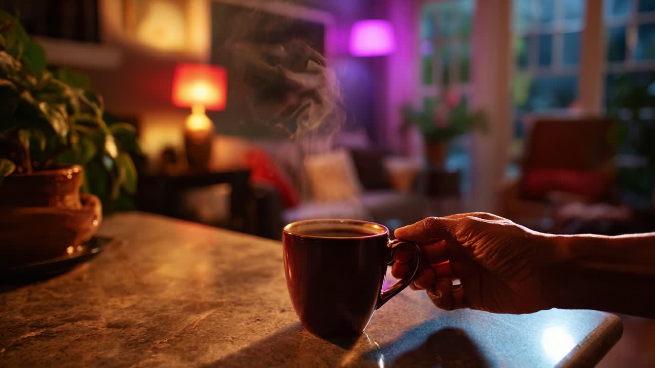 A Cozy Evening Scene with a Steaming Mug of Coffee Captured in a Warmly Lit Living Room Ambiance Perfect for Relaxation and Reflection