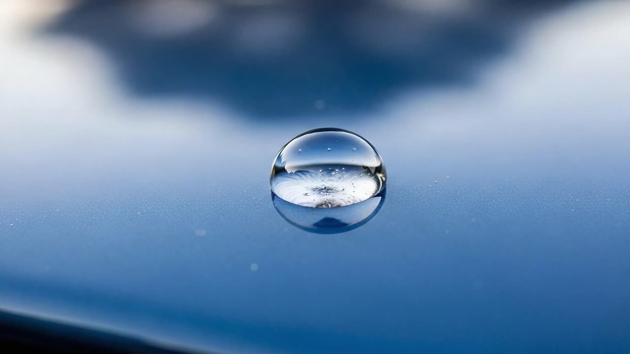 Close-up of a Water Droplet Resting on a Smooth Surface Reflecting Light and Surroundings, Capturing the Intricacies of Surface Tension and Reflection