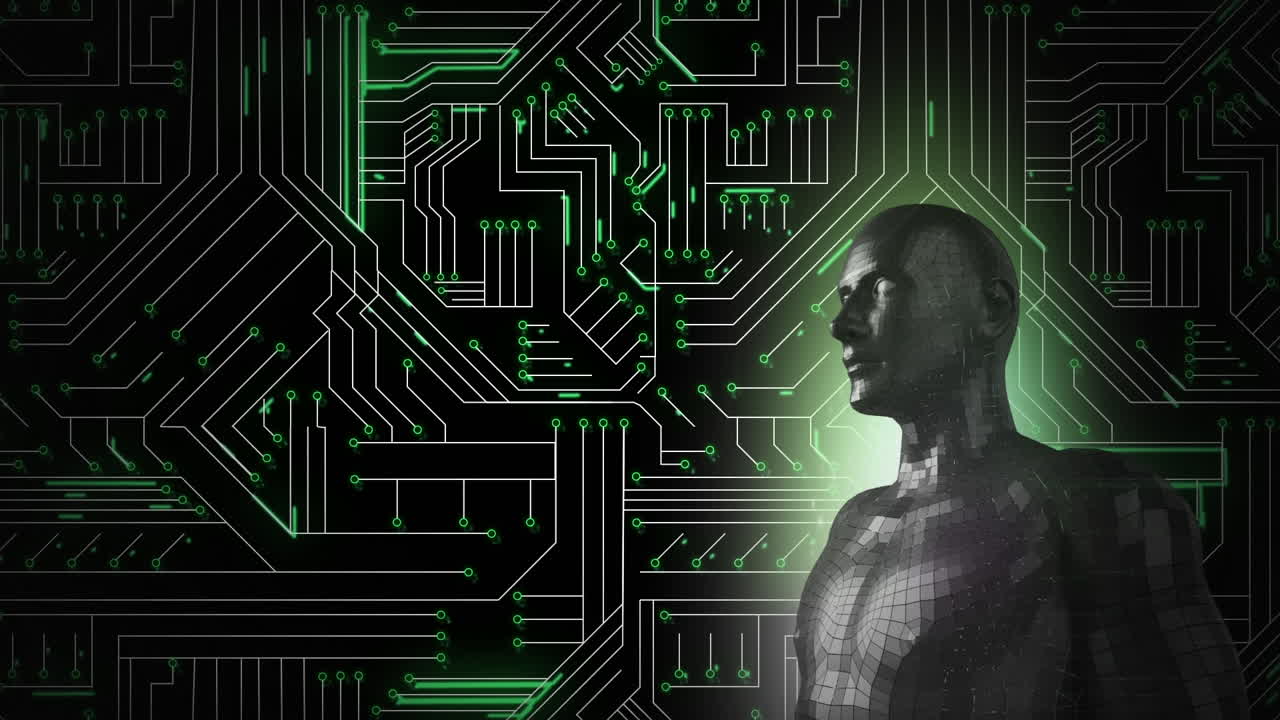 hombre androide y tablero de circuito verde brillante