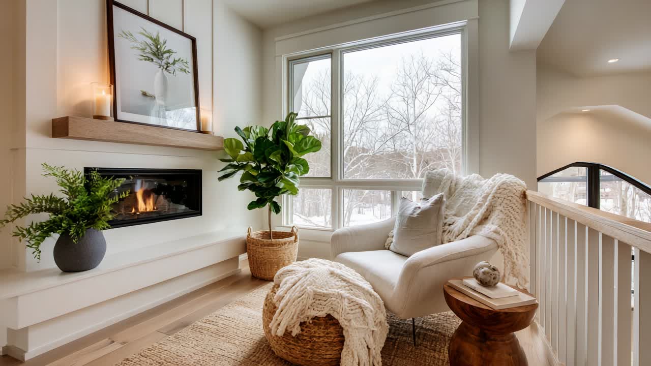 A Cozy and Inviting Living Room Scene Featuring a Stylish Armchair, Elegant Décor Elements, and a Decorative Fireplace Creating a Warm Atmosphere Perfect for Relaxation and Enjoyment