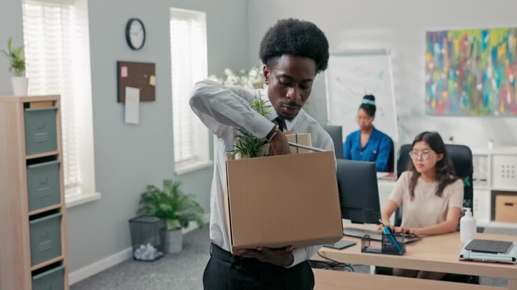 Uomo con capelli afro si licenzia dal suo lavoro aziendale, lascia l'ufficio con le sue cose imballate in una scatola, controlla di aver preso tutto, e si ritira, felice e sorridente