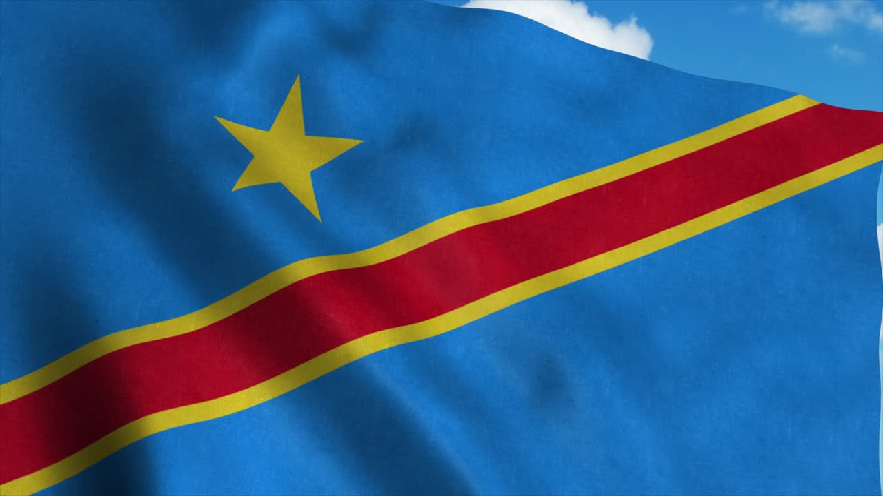 National flag Democratic Republic of the Congo, blue sky background. 4K