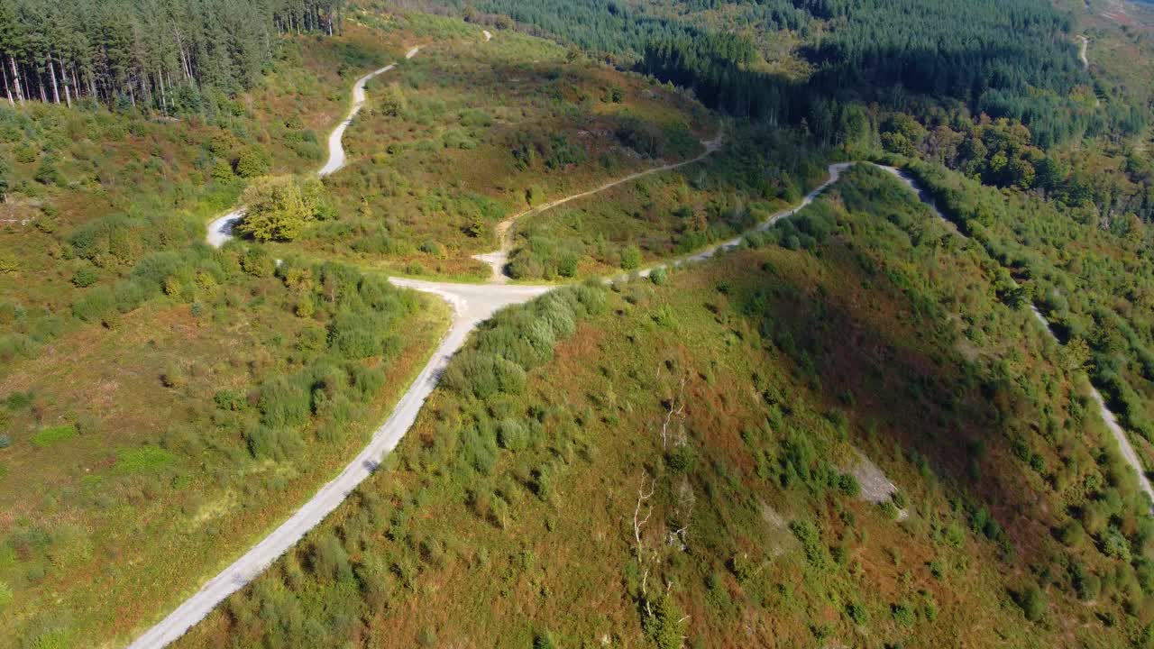 Slow Tilt Up Aerial with Criss-Crossing Gravel Tracks on Mountain Side with Dense Forest Covering Landscape as Peak Revealed. Outdoor Adventure Nature Drone Clip