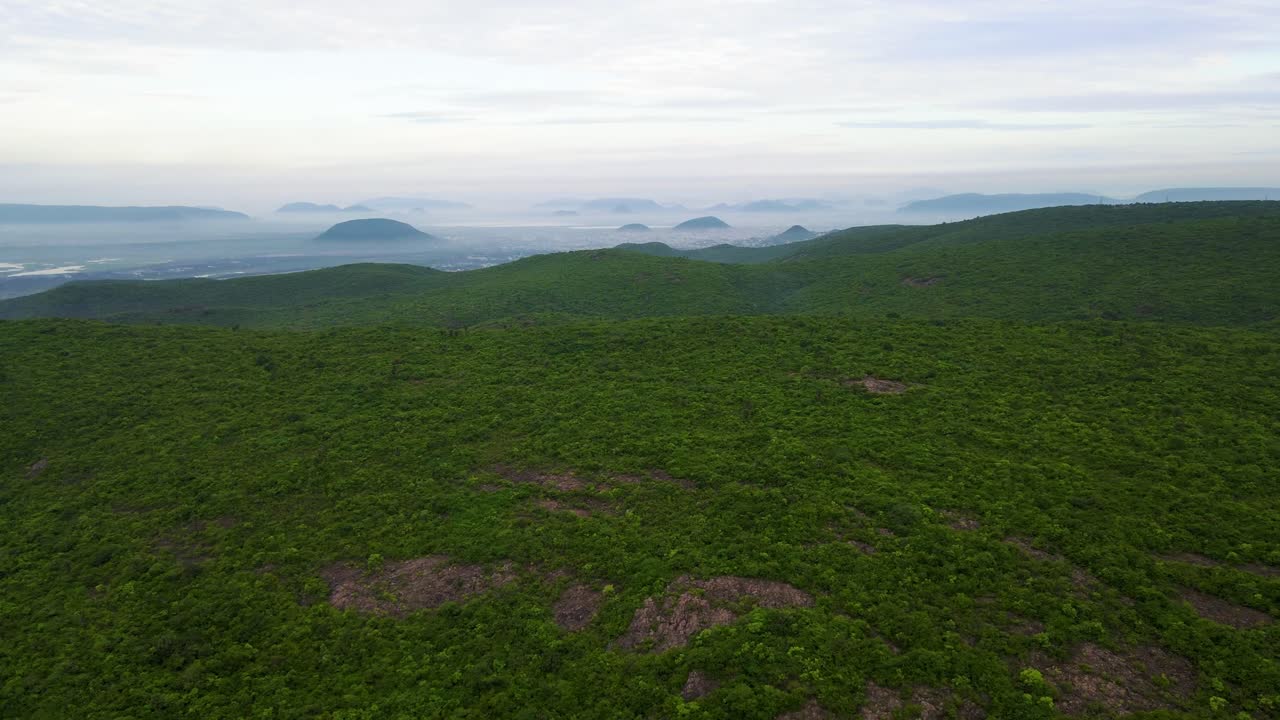 Aerial drone shot of Vizag’s lush mountain forest, offering a stunning view of the ocean below and the greenery above.