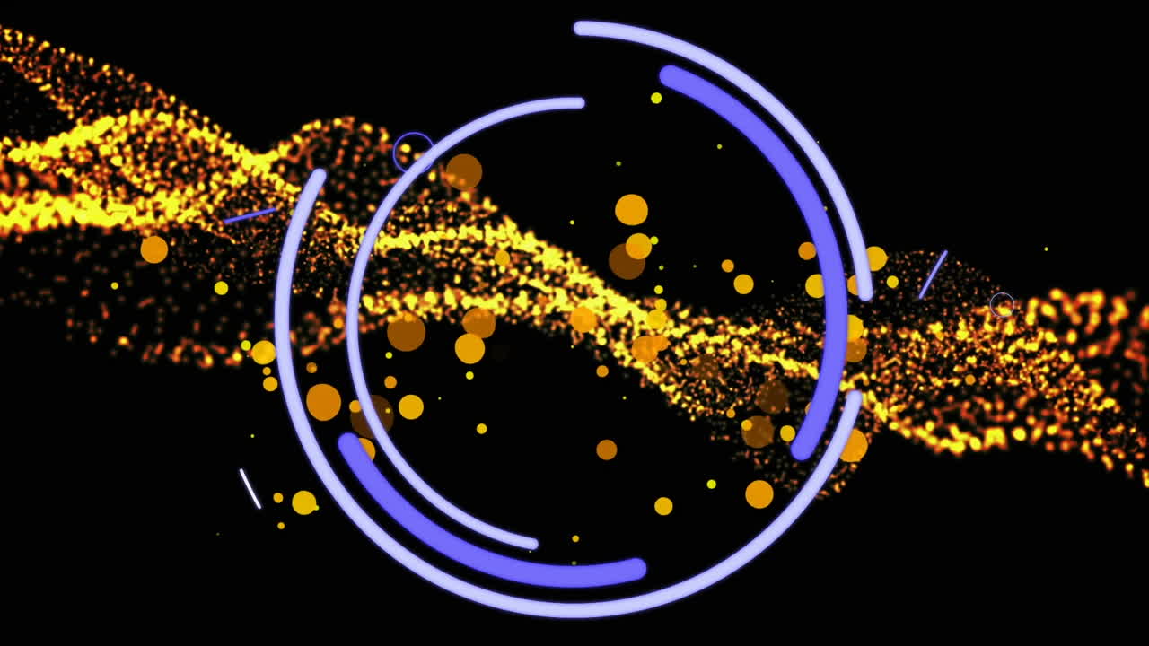 오렌지색 반점과 금색 풍경 위에  ⁇ 박이는 보라색 눈 모양의 애니메이션이 검은색으로 움직입니다.