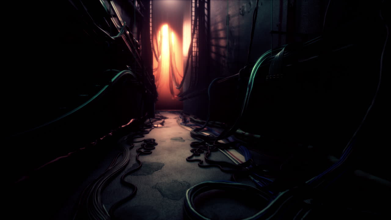 corredor cyberpunk oscuro con una entrada brillante