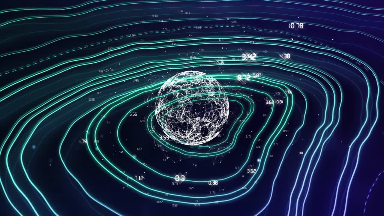 Animation of globe with network of connections over lines on dark background