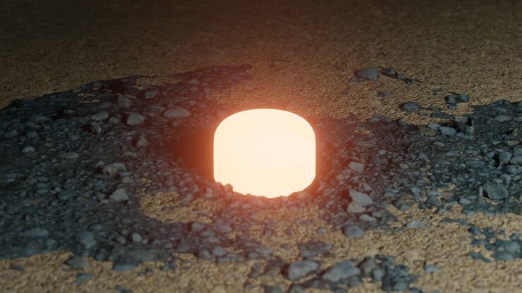3D Animation of radioactive material plutonium-238 glowing on some rocky material