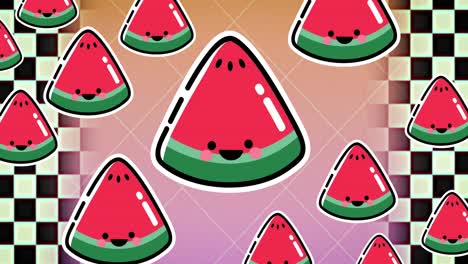 animación de sandía sobre formas en fondo rosa