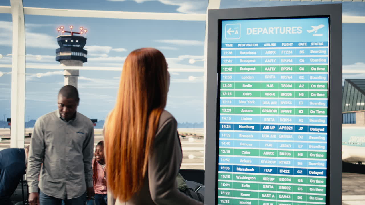 Área de embarque movimentada de aeroporto com viajantes verificando o horário de voos.