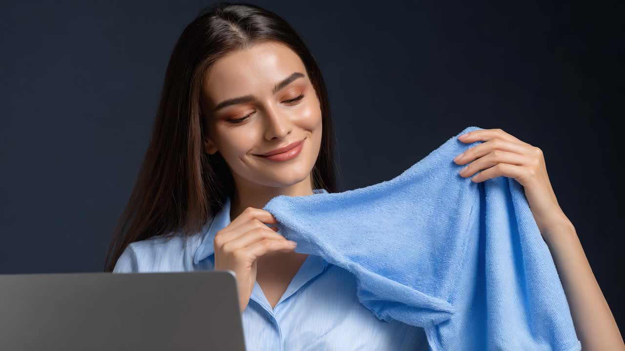 A Relaxing Moment: A Young Woman Enjoys the Softness of a Blue Cloth While Smiling, Embracing Comfort and Calmness in a Serene Setting