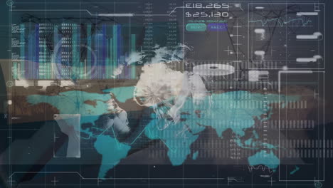 animación de diversos datos y globo giratorio sobre el mapa del mundo