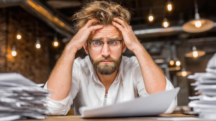 Un giovane uomo frustrato lotta con una mole di documenti opprimente in un vivace ambiente d'ufficio, catturando lo stress della moderna vita lavorativa e il sovraccarico di documenti