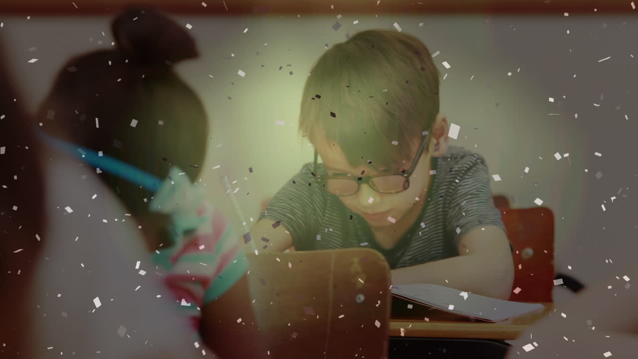 Animation of falling confetti over caucasian school boy