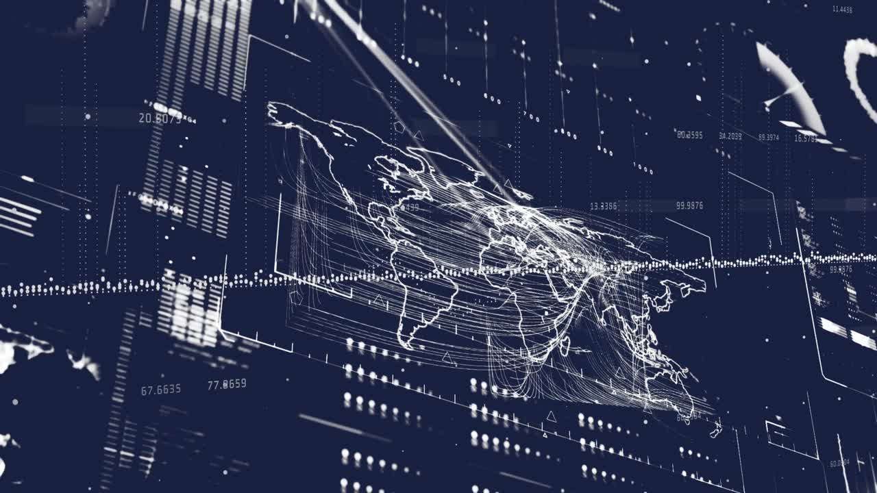 파란색 배경에 대한 세계 지도 위의 데이터 처리 인터페이스의 애니메이션