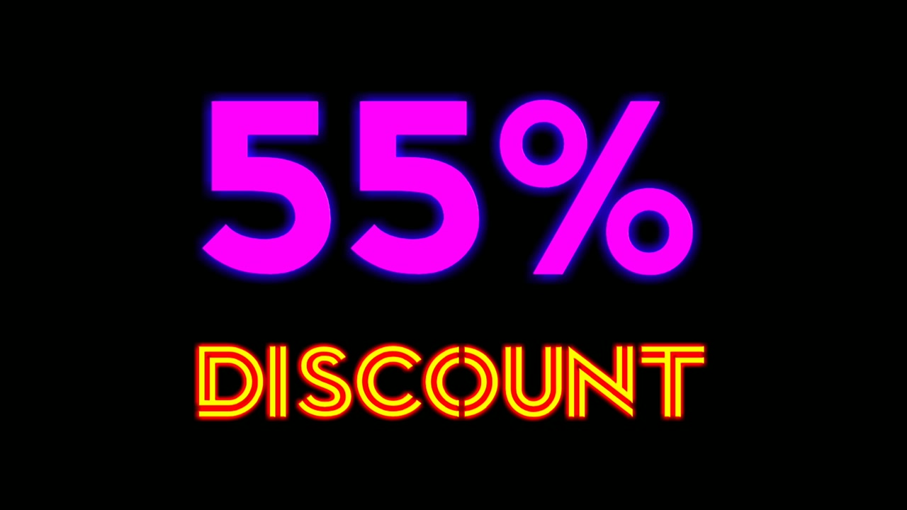 Neon light text 55 percent Discount on black background black friday,big sale event for shop,retail, resort,bar display promotion business concept