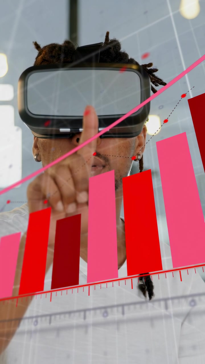 Video verticale: Uomo in VR che tocca un vetro, selezionando barre 3D e promuovendo una tendenza rosa per la finanza