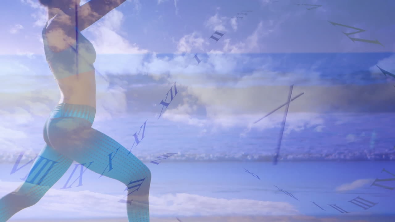 Exercising on beach, person with clock animation overlaying sky and ocean