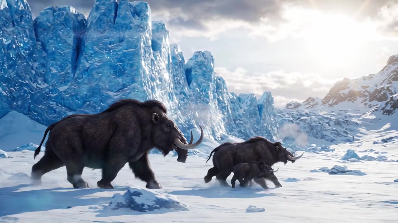 A family of woolly mammoths traverses a vast icy landscape, showcasing the breathtaking beauty of frozen wilderness under a stunning sky.