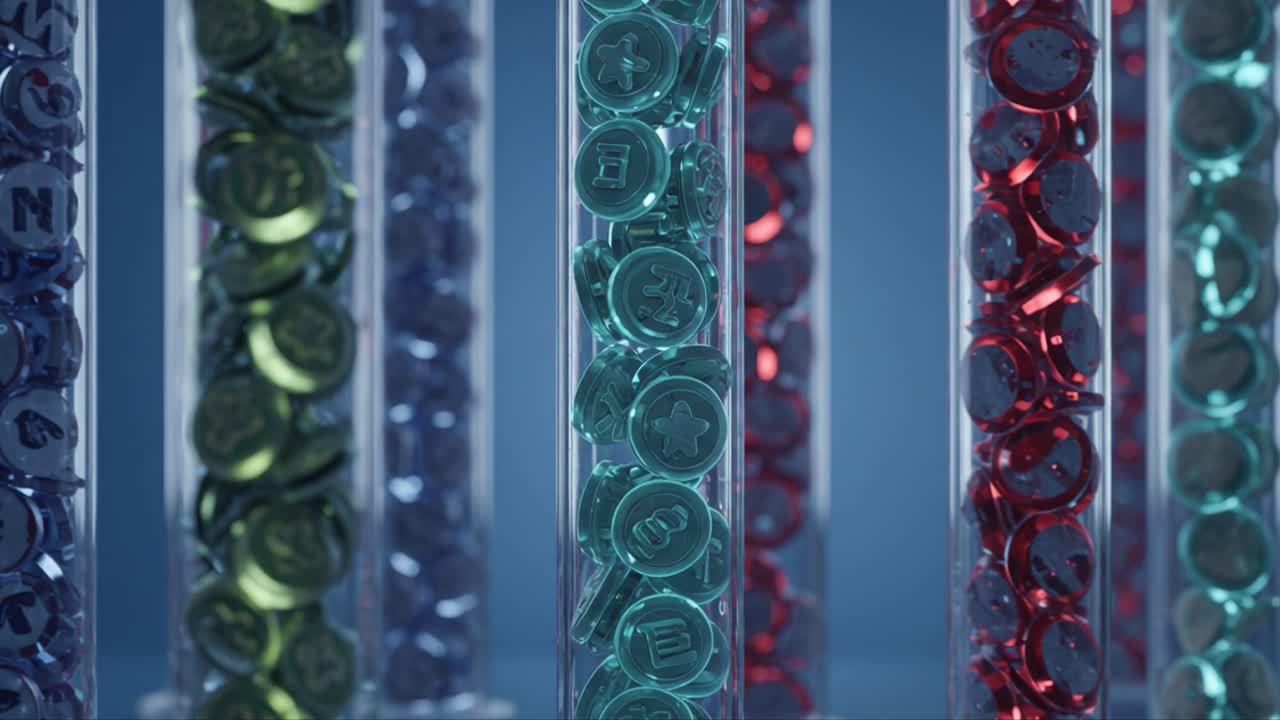 A Close-Up View of Colorful Game Tokens Organized in Transparent Tubes, Showcasing a Variety of Symbols Representing Different Game Elements and Mechanics