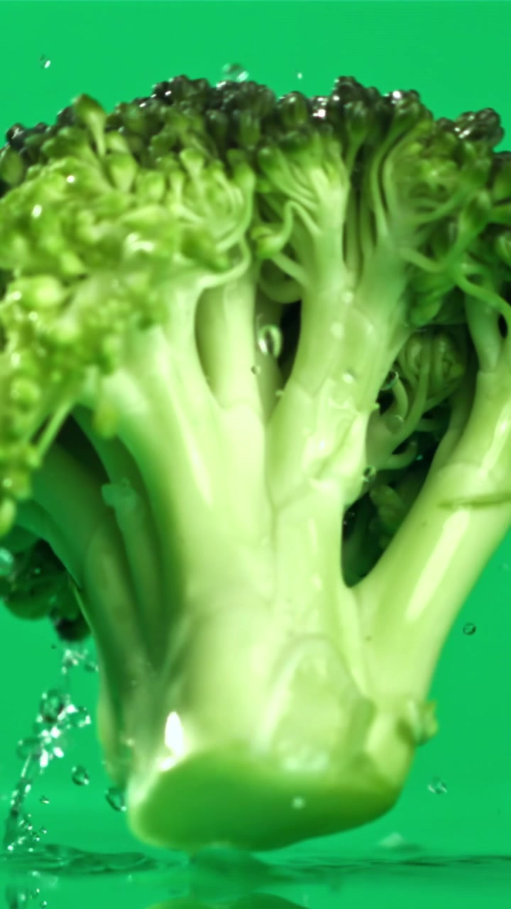 Movimento rallentato di broccoli freschi che cadono nell'acqua.