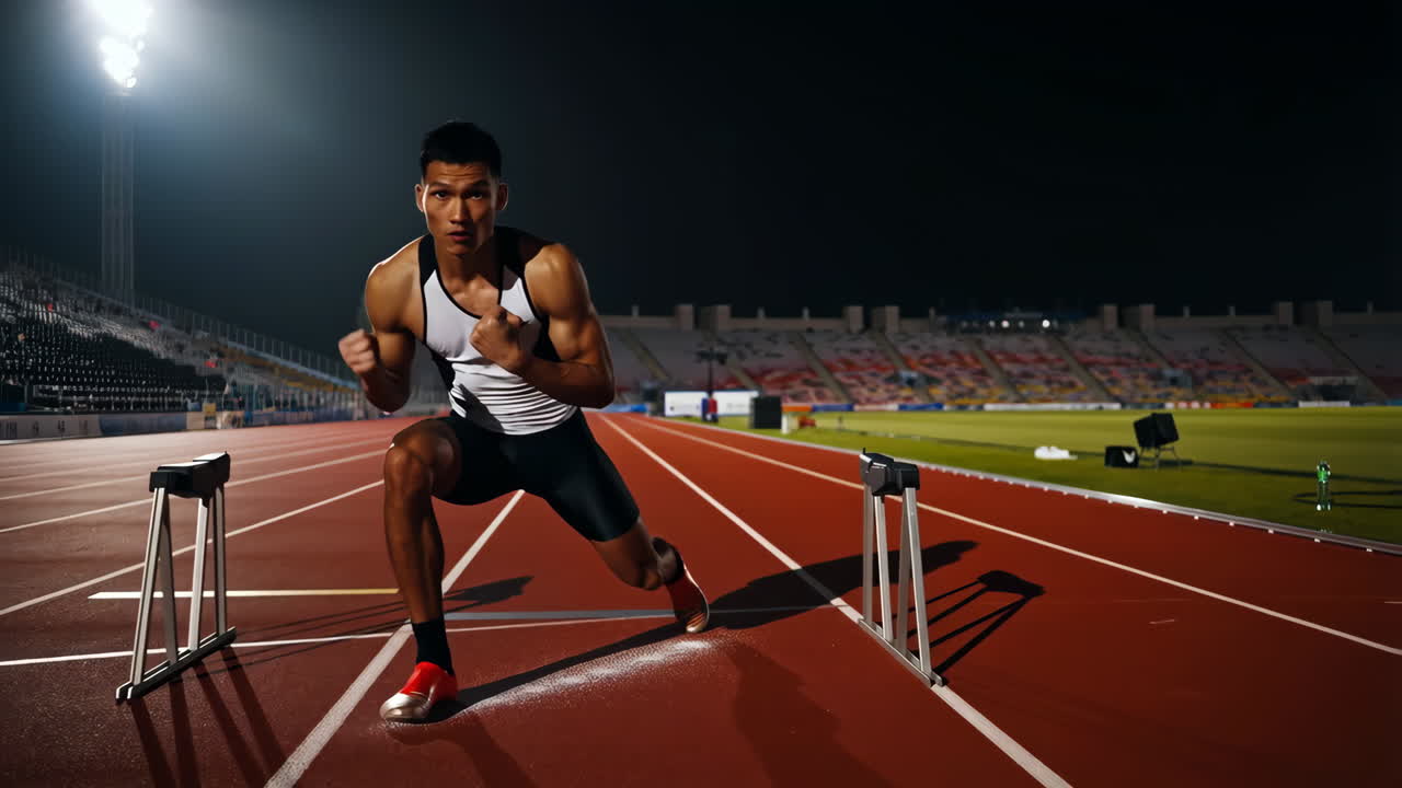 Male athlete ready for hurdles on a track at night in a stadium