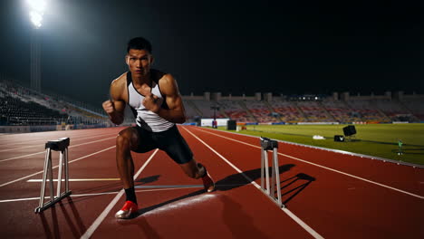 male athlete ready for hurdles on a track at night in a stadium