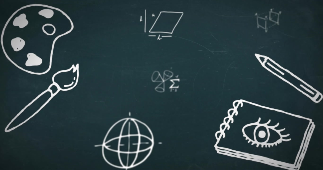 Animazione di icone a tema scuola e simboli matematici che fluttuano su uno sfondo grigio.