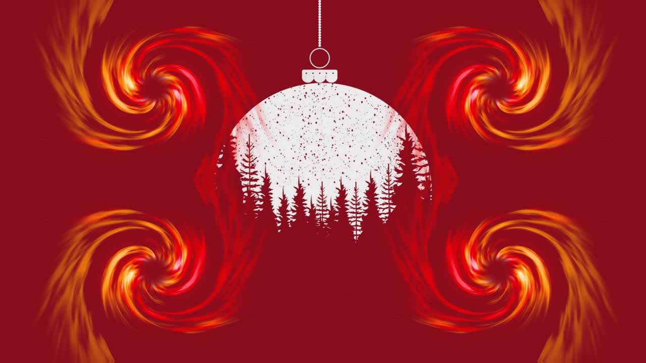 Orange vortices appearing in corners, rotating inward, pulsing and pulling flakes toward bauble
