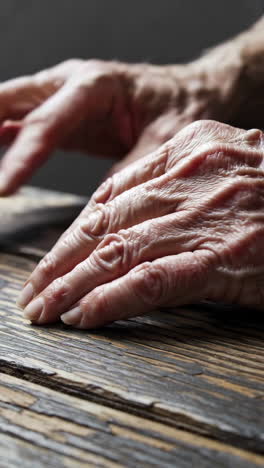 close-up of wrinkled hands on a wooden table