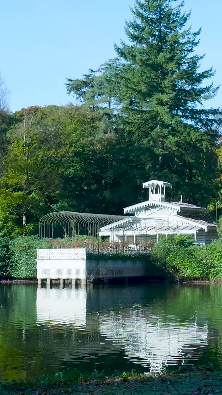Picturesque Lake View with Building and Lush Greenery