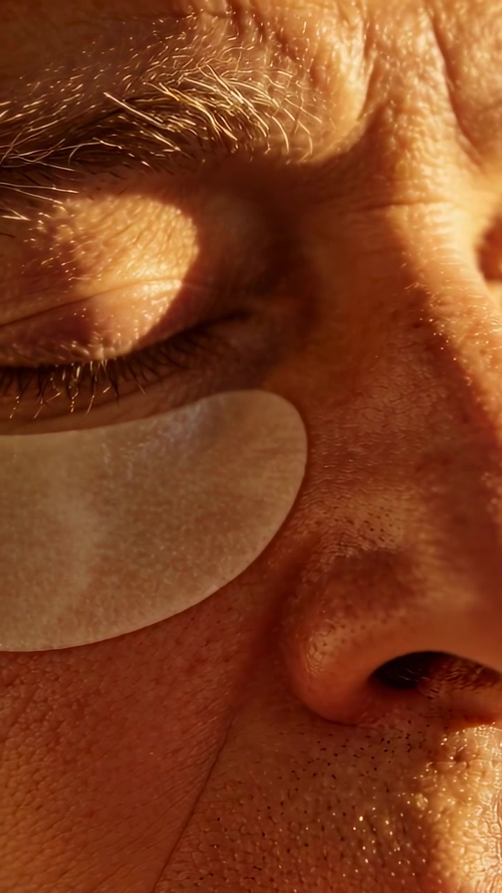 Vertical video: Entering finger placing crescent gel patch under right eye by window light for care