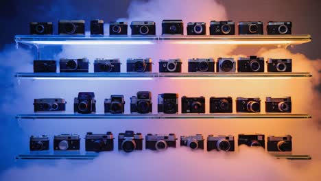 collection of vintage cameras on shelves