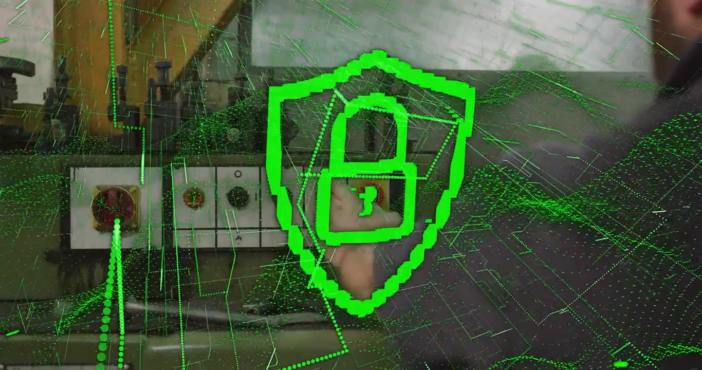 Operator hand contacting industrial dial activating green shield toggling padlocks streaming data